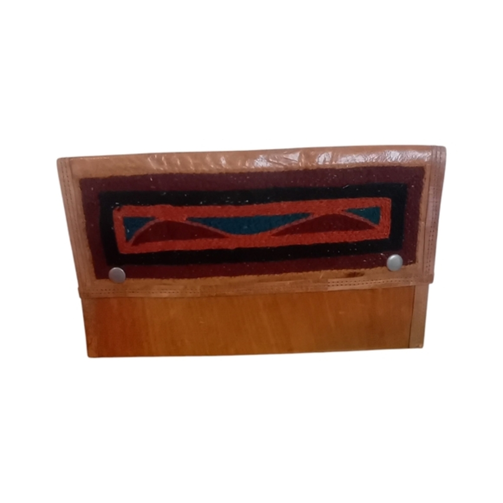Vintage Mexican Southwestern Unisex Wide Light Leather Wallet Yarn Print Boho 6"